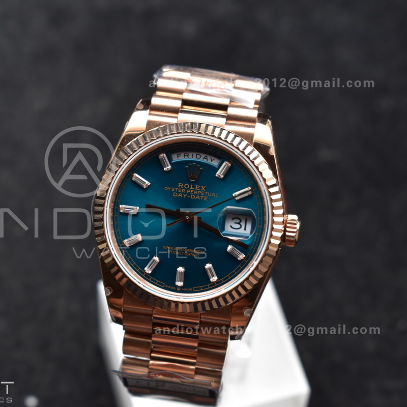 DayDate 36 RG QF Best Edition 904L Steel Blue Dial with Stick Diamond on President Bracelet vr3255 V5 (Gain Weight)